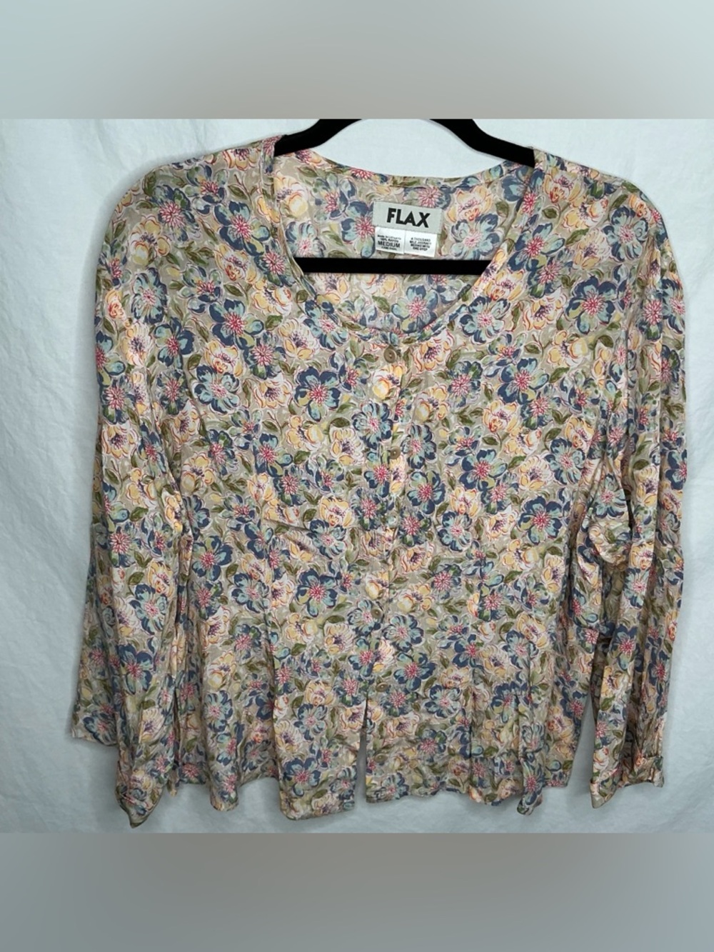 Flax Button Up Shirt Floral Print Casual Top Women's Size M Rayon Watercolor Art